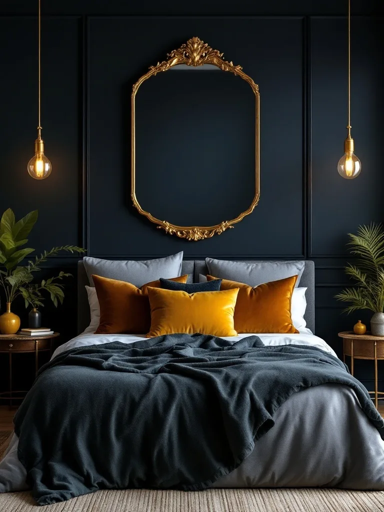 A moody dark bedroom with gold accents, featuring a dark wall, gold mirror, and golden pillows.