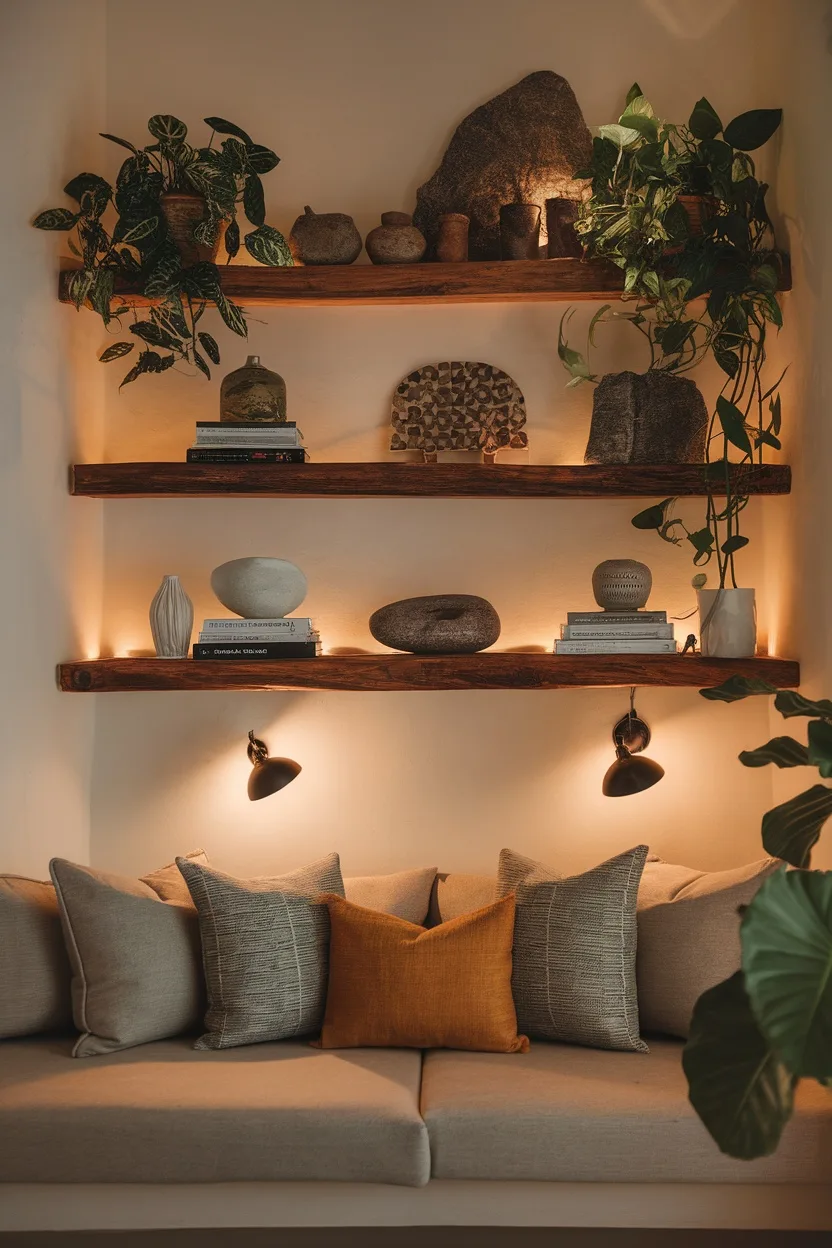 Stylish living room decor featuring wooden shelves with plants and decorative items above a couch.