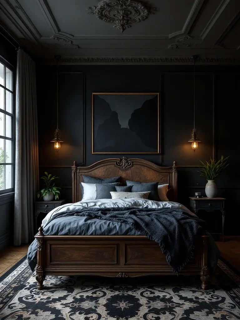 A moody dark bedroom featuring a mix of vintage and modern decor with a wooden bed, dark walls, and stylish lighting.