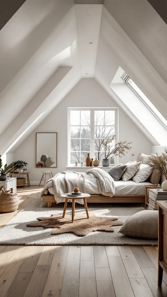 A modern attic bedroom with sloped ceilings, large windows, and a cozy design featuring neutral colors and minimalist decor.