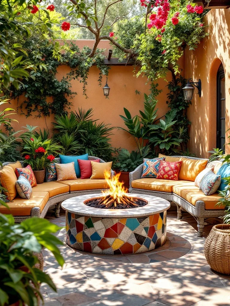 A cozy patio featuring mosaic benches around a fire pit, surrounded by lush greenery and colorful flowers.