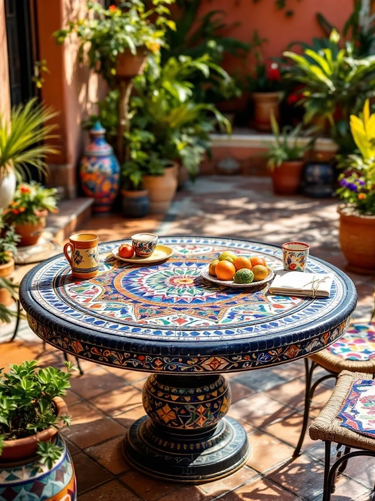 A vibrant mosaic tabletop set in a Mexican patio, surrounded by plants and pottery.