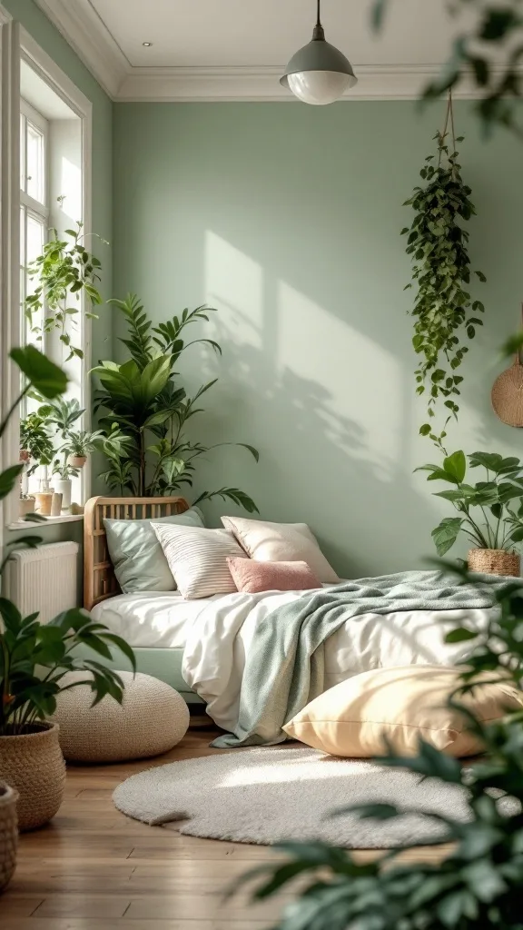 A serene bedroom featuring soft green walls, cozy bedding, and abundant indoor plants.