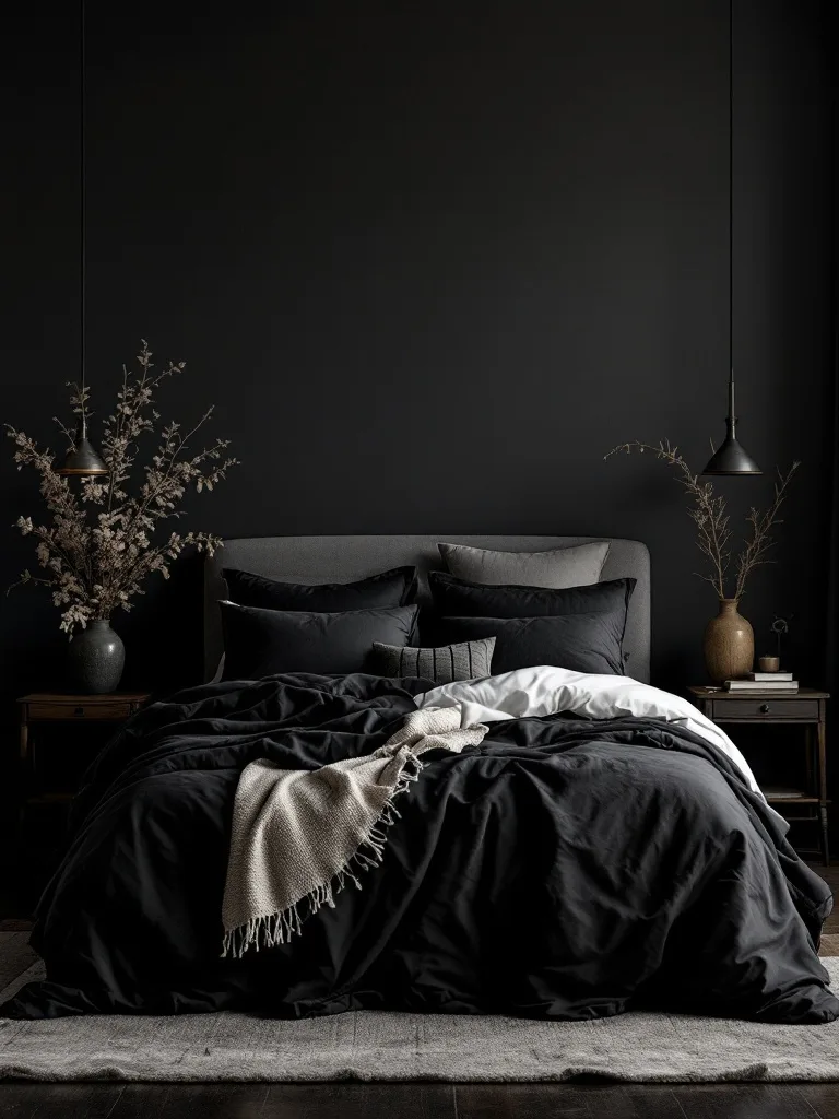 A cozy dark bedroom featuring dark bed linens, soft pillows, and decorative elements.
