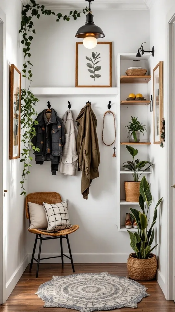 A small entryway featuring wall hooks, shelves with plants, and a cozy chair.