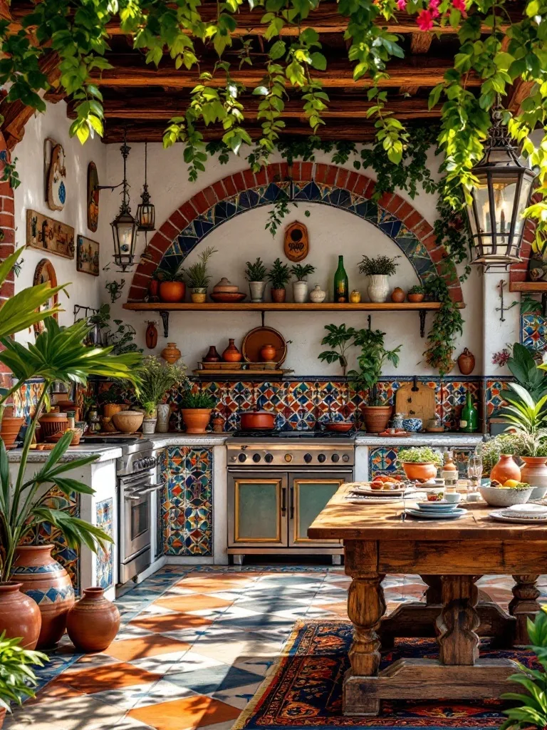 Colorful outdoor kitchen with plants, tiles, and wooden elements