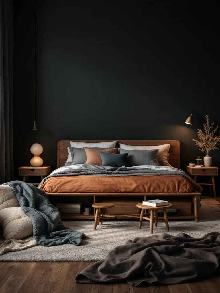 A moody dark bedroom featuring warm wood tones in furniture and decor