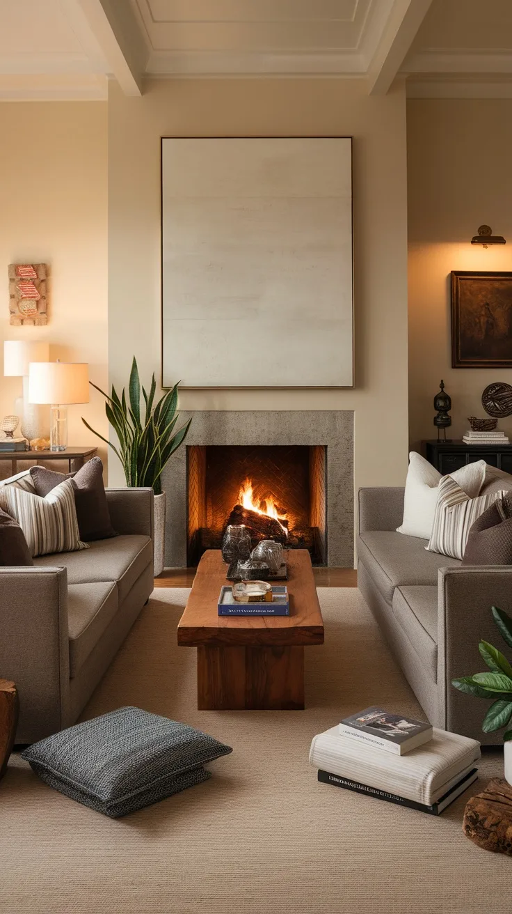 Living room with two couches placed around a fireplace, featuring a coffee table and decorative elements.