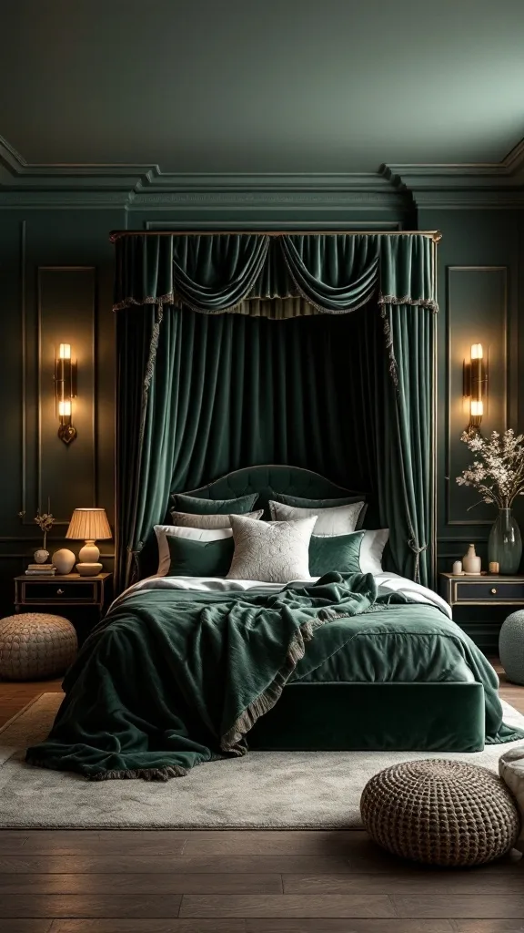 A dark green canopy bed with plush bedding and elegant decor in a moody bedroom setting.