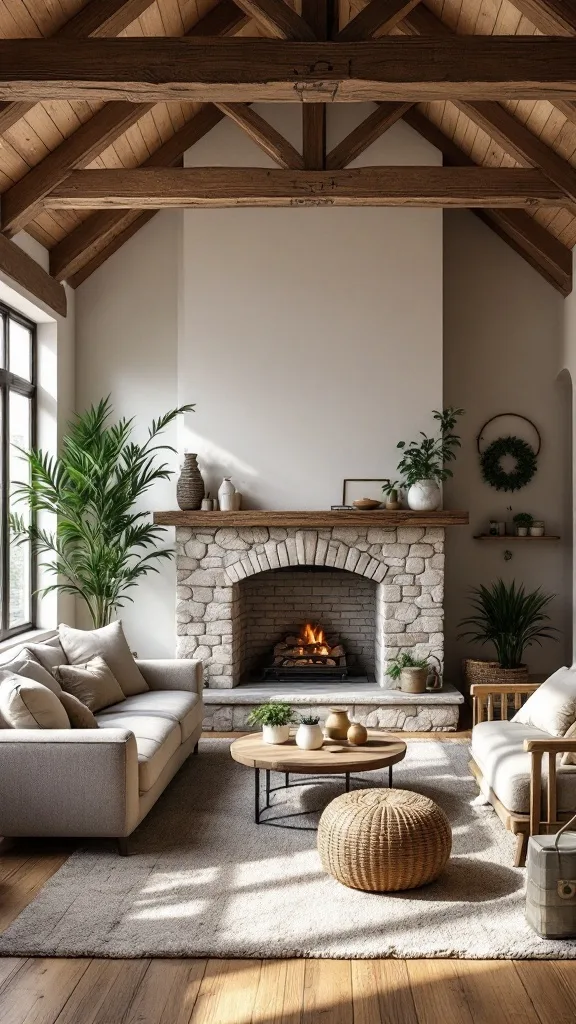 A rustic elegant living room featuring a stone fireplace, wooden beams, and comfortable seating.