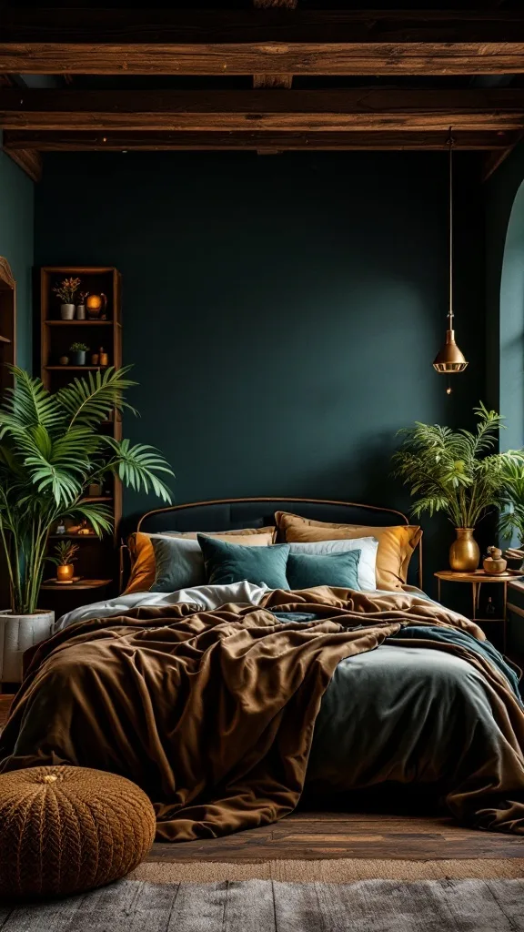 Cozy dark green bedroom with wooden beams, layered bedding, and plants