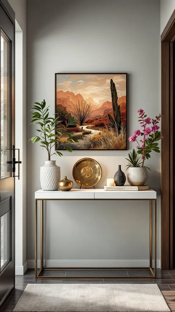 A stylish entryway featuring a console table with potted plants, decorative items, and a piece of art on the wall.