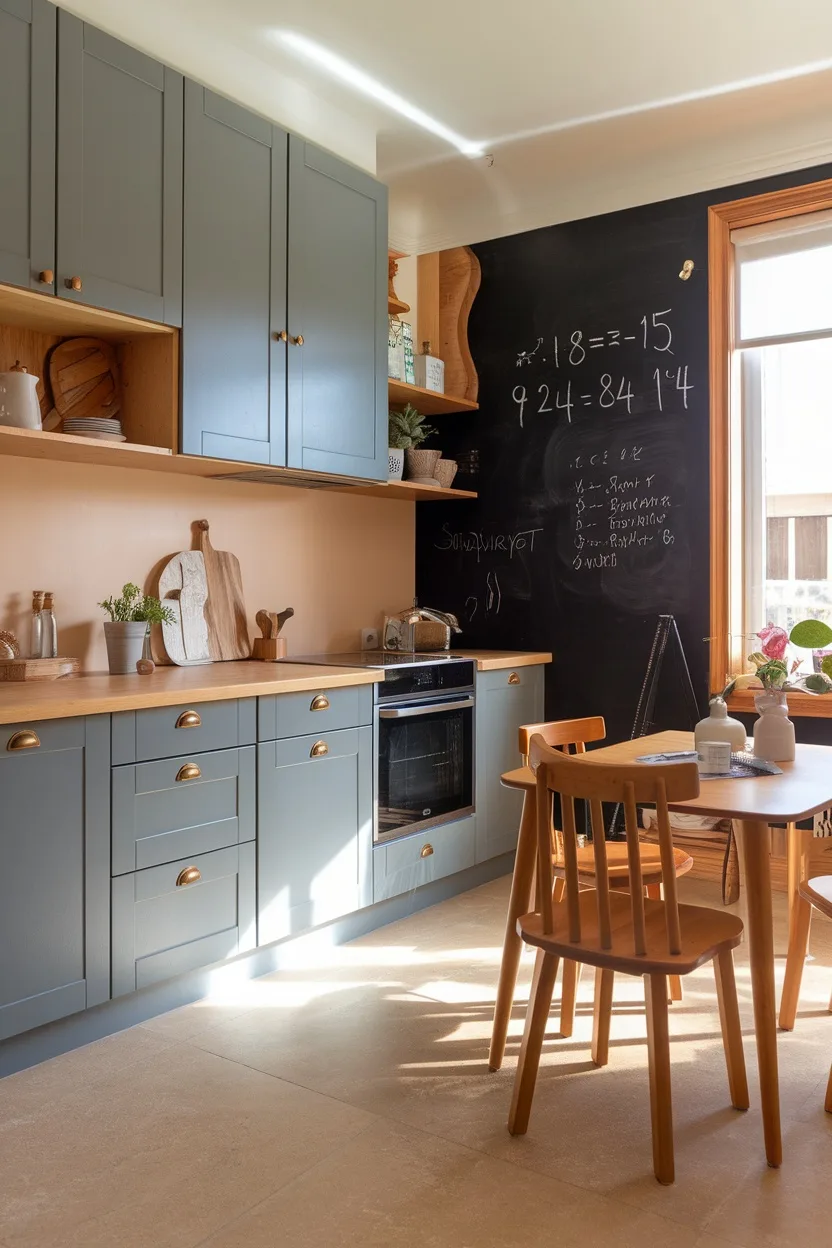 A modern kitchen with soft gray cabinets and a chalkboard wall.