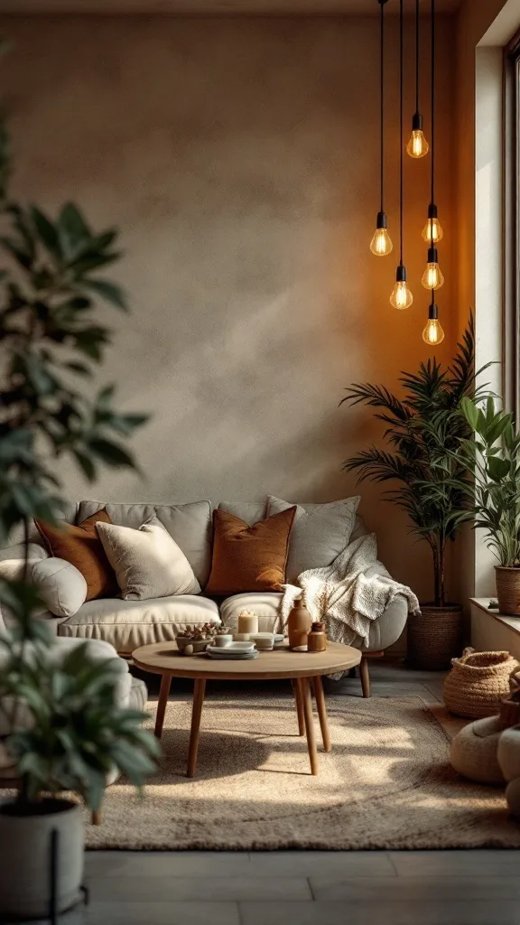 A cozy living room with soft lighting from warm bulbs, featuring a light-colored sofa, wooden coffee table, and indoor plants.