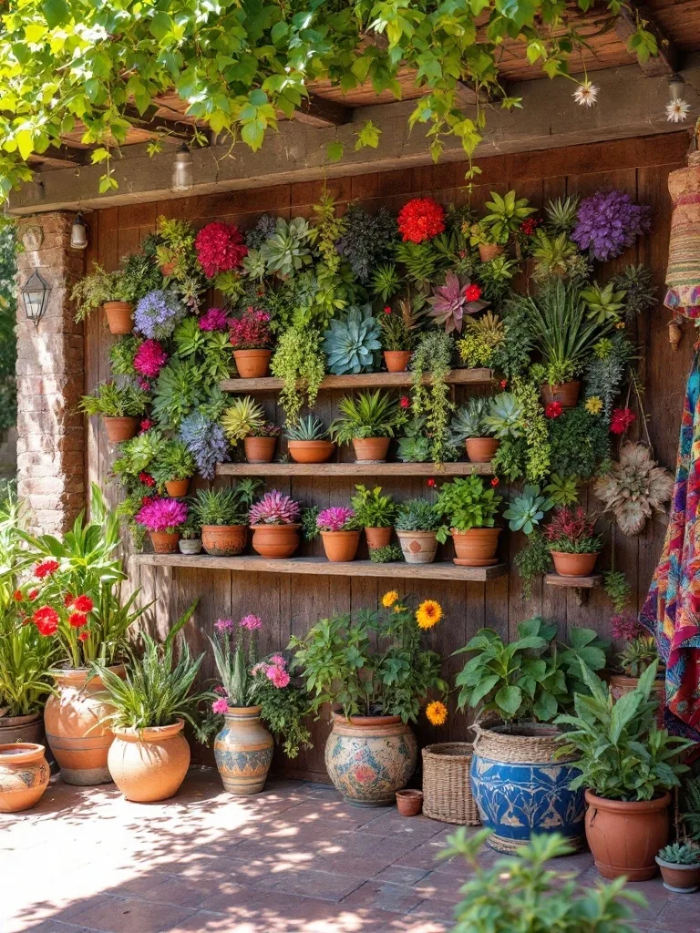 Colorful succulent wall decor featuring potted plants on wooden shelves, enhancing a patio's natural beauty.