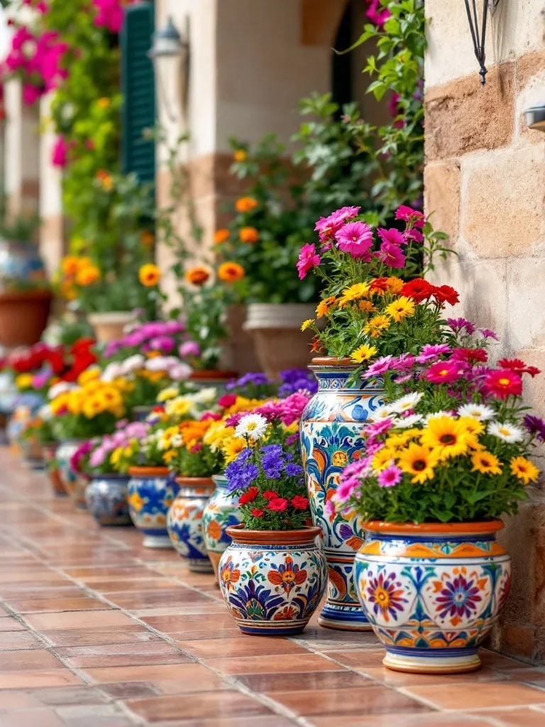 Colorful Talavera planters filled with vibrant flowers on a patio.