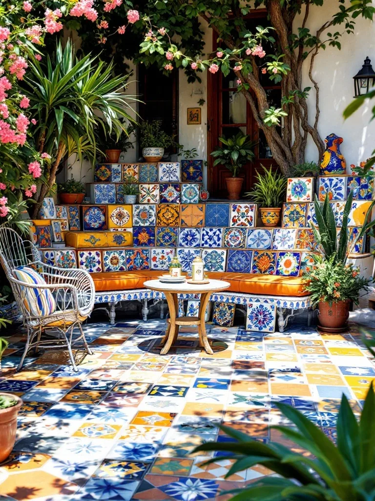 Colorful Talavera tile patio with plants and seating.