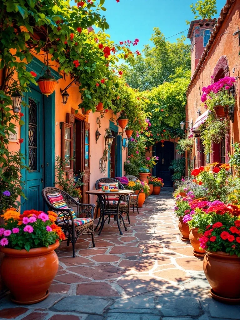 Colorful patio with terracotta planters filled with vibrant flowers, showcasing a warm and inviting outdoor space.