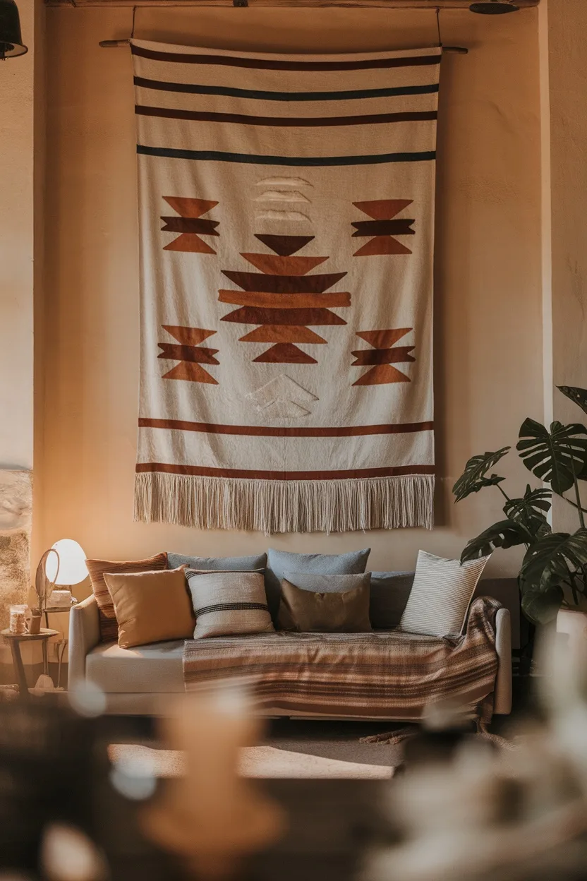 A cozy living room featuring a large fabric wall hanging with geometric patterns above a couch adorned with cushions.