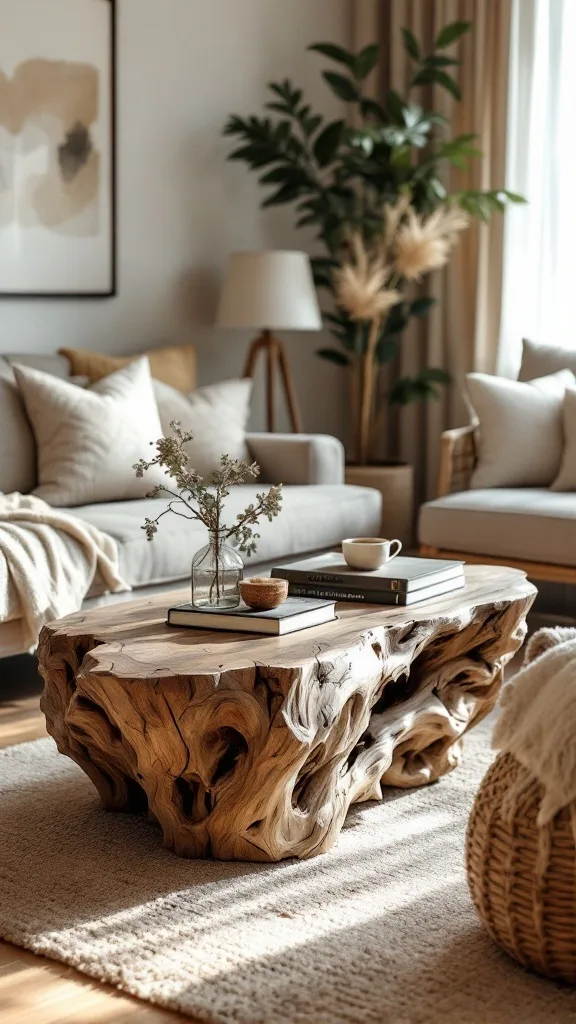 A cozy living room featuring a unique driftwood coffee table, surrounded by soft furniture and plants.