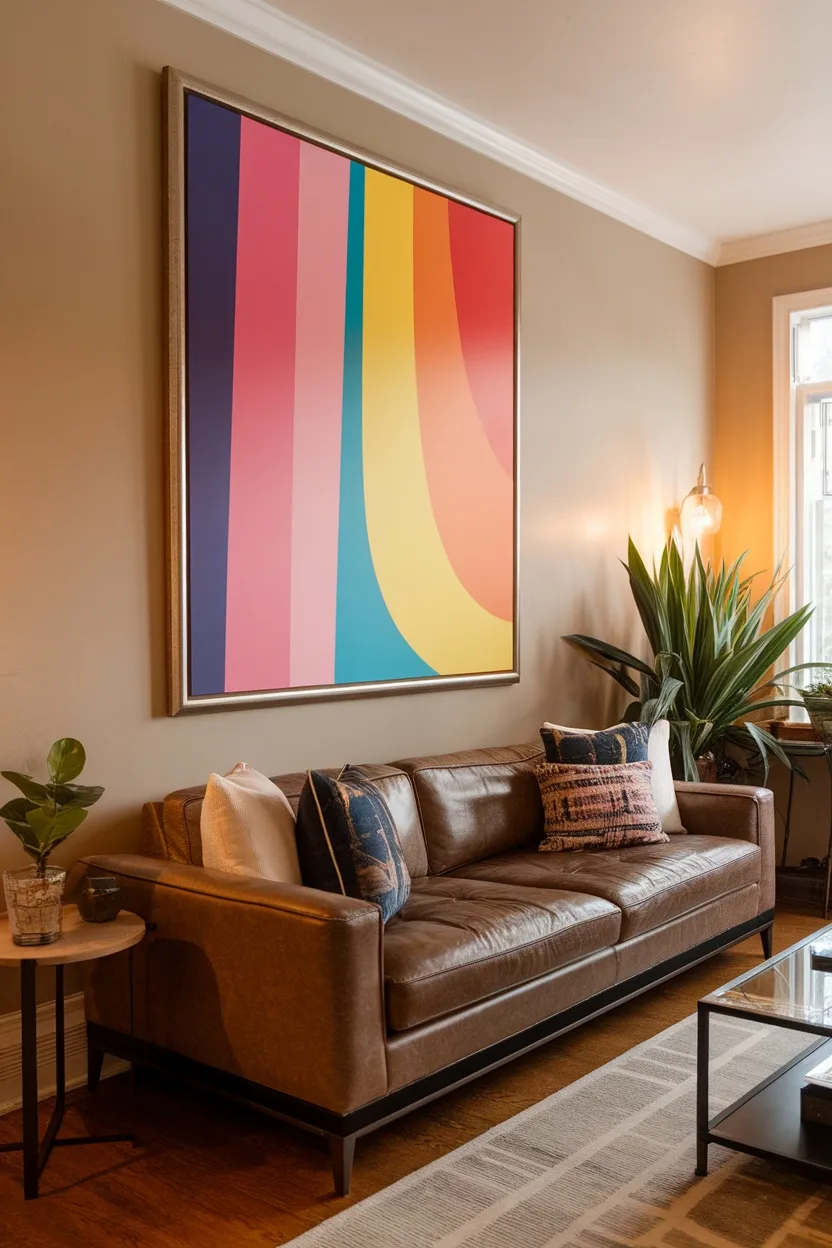 A vibrant large canvas frame with colorful stripes above a brown couch in a cozy living room setting.