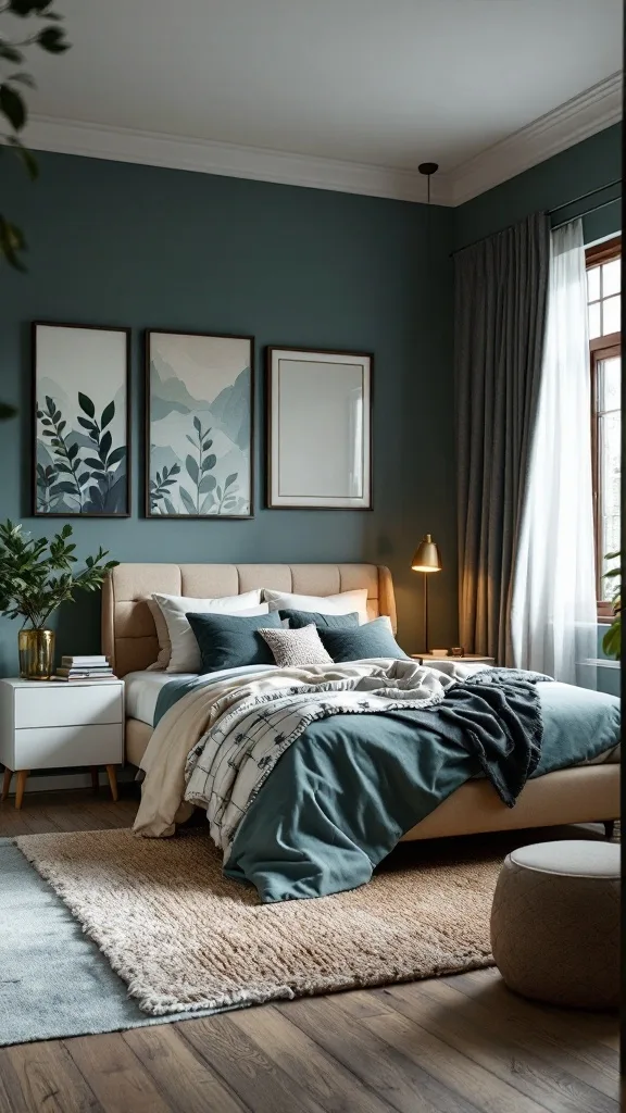 A cozy teen girl bedroom featuring mature colors with a green wall, soft bedding, and stylish decor.