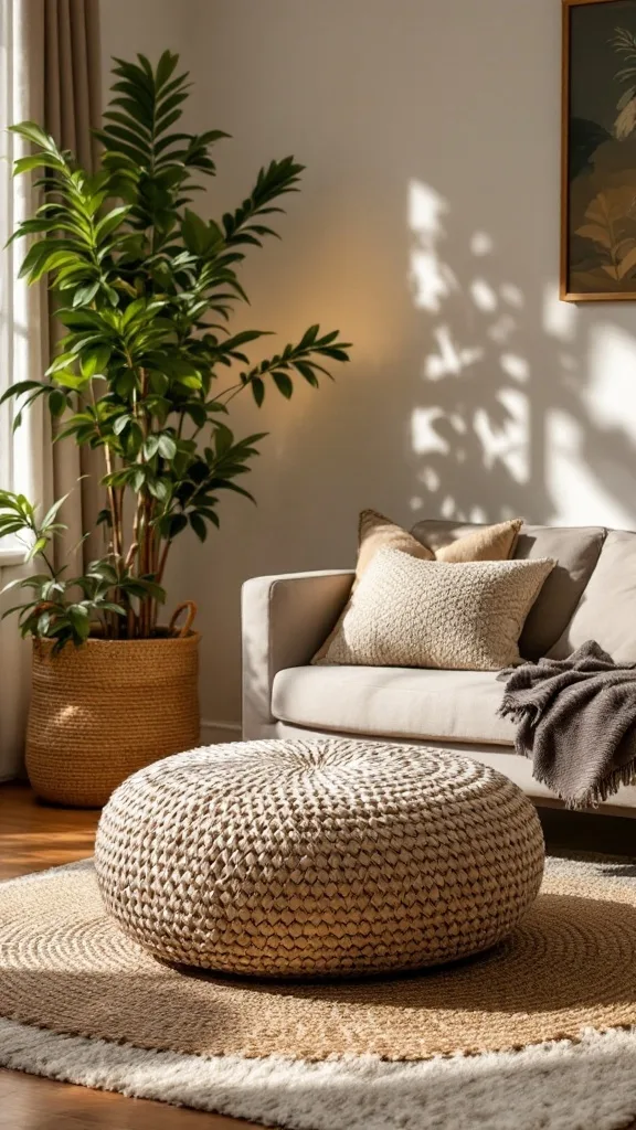 A cozy living room featuring a natural fiber pouf, a light gray sofa, and a potted plant.