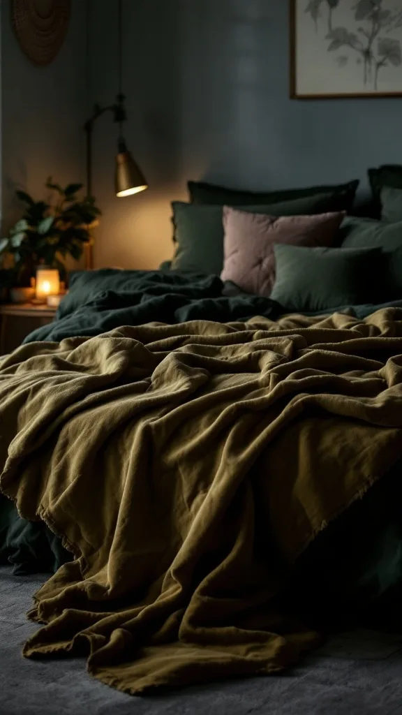 A cozy bedroom featuring an olive green throw blanket over dark green bedding, surrounded by plants and warm lighting.