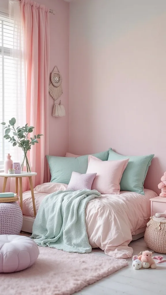 A cozy teen girl bedroom featuring pastel colors with pink walls, mint green pillows, and a fluffy rug.