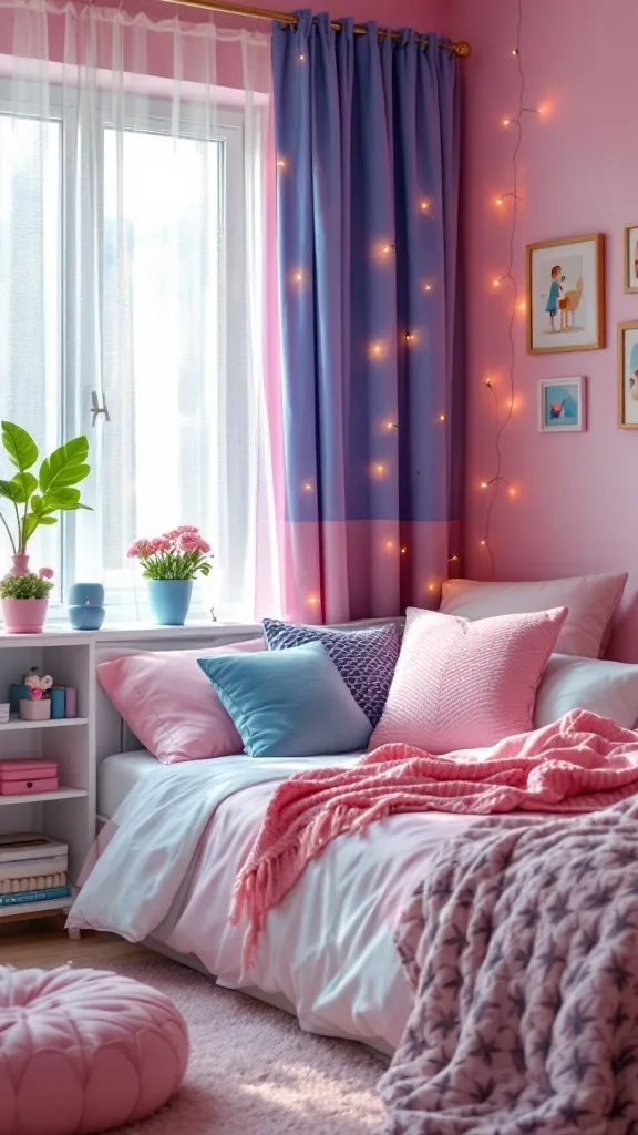 A cozy teen girl bedroom featuring pink and blue decor, with string lights and decorative pillows.