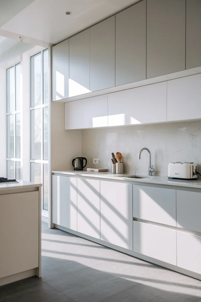 A modern kitchen featuring light gray cabinets, a spacious layout, and large windows allowing natural light.