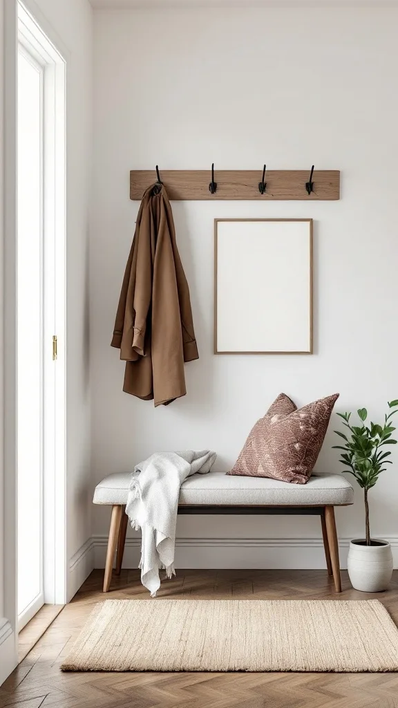 Stylish entryway with a bench, coat hooks, and a plant.