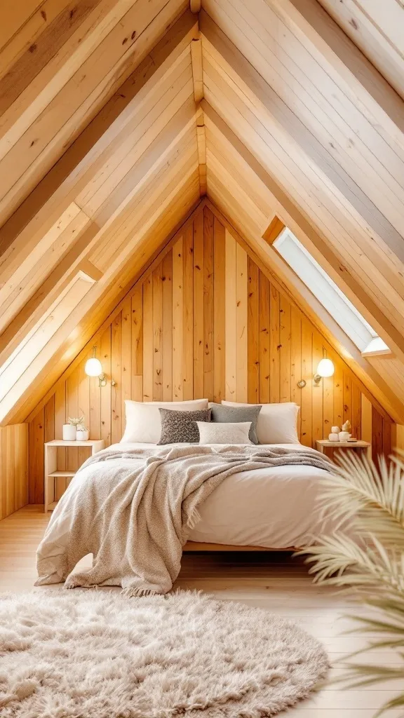 Cozy attic bedroom with wood paneling, slanted ceiling, and soft decor.