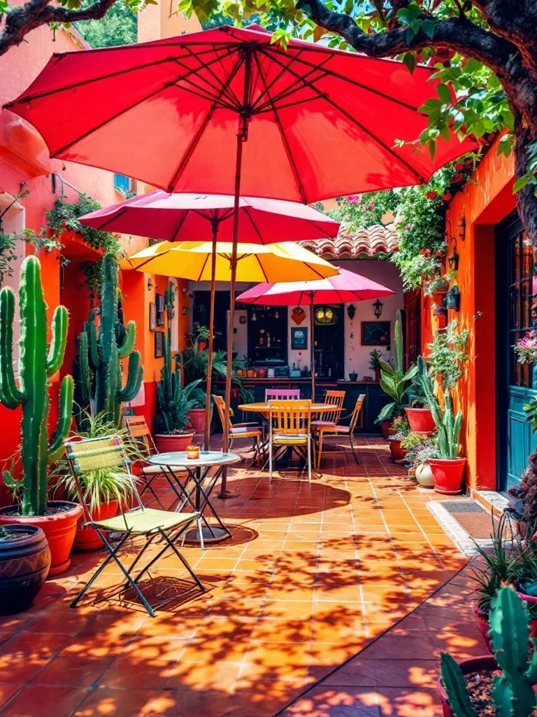 Vibrant Mexican patio with large red and yellow umbrellas providing shade over seating areas surrounded by plants.