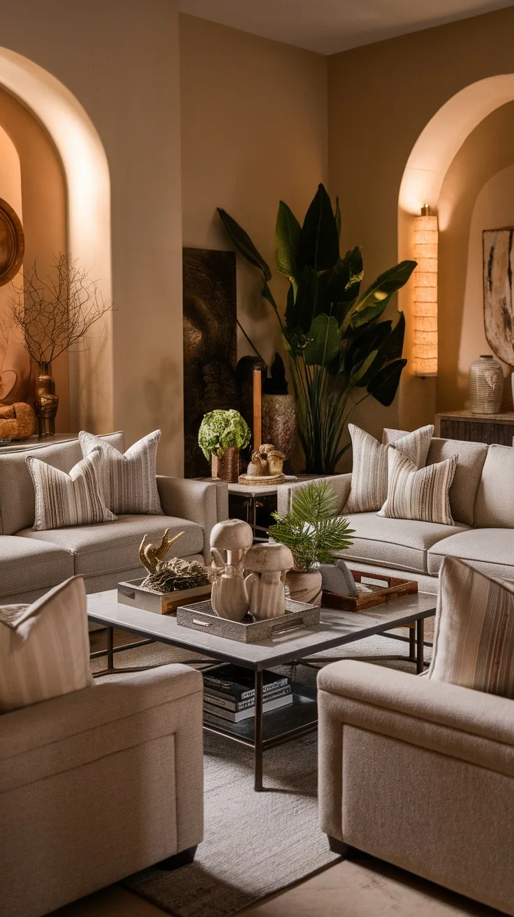 Living room with two couches and a central coffee table, featuring decorative elements.