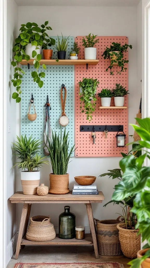 Colorful pegboard entryway with plants and a wooden table