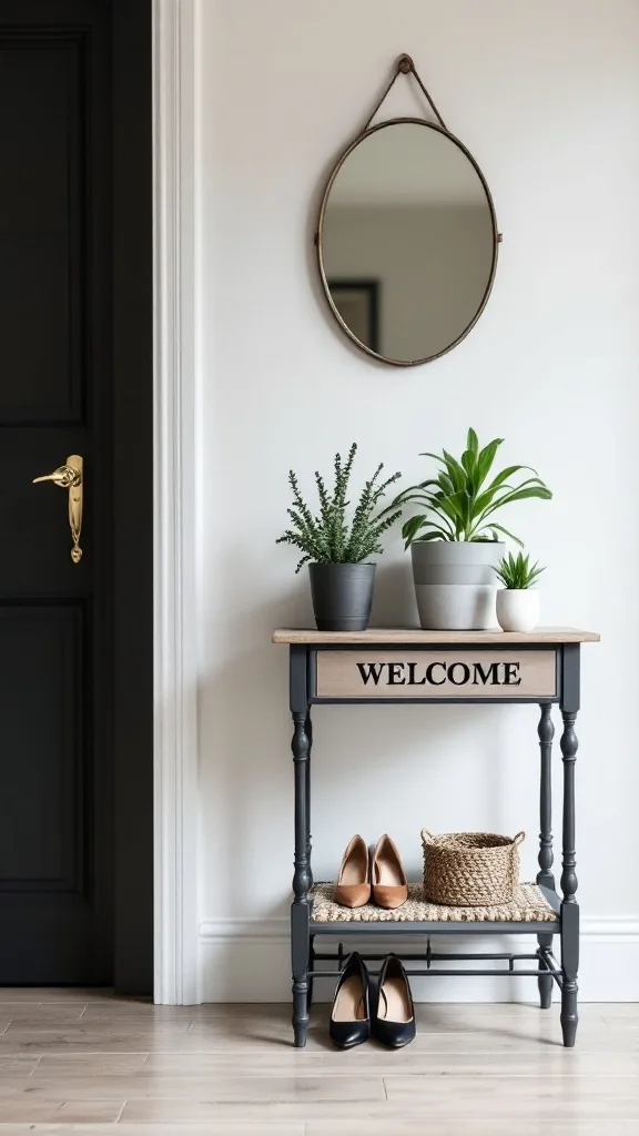 An entryway featuring a plant stand used as a table, with potted plants on top and shoes below.