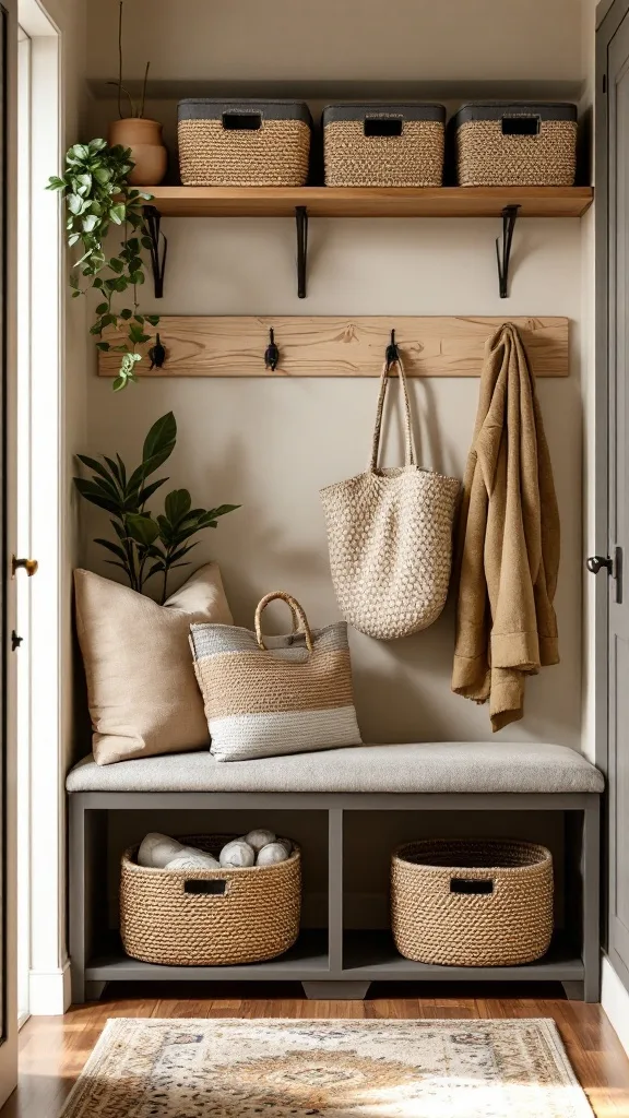 Small entryway with woven baskets on a shelf, a cozy bench, and decorative elements