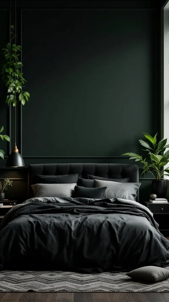 A moody dark green bedroom featuring black accents and plants.