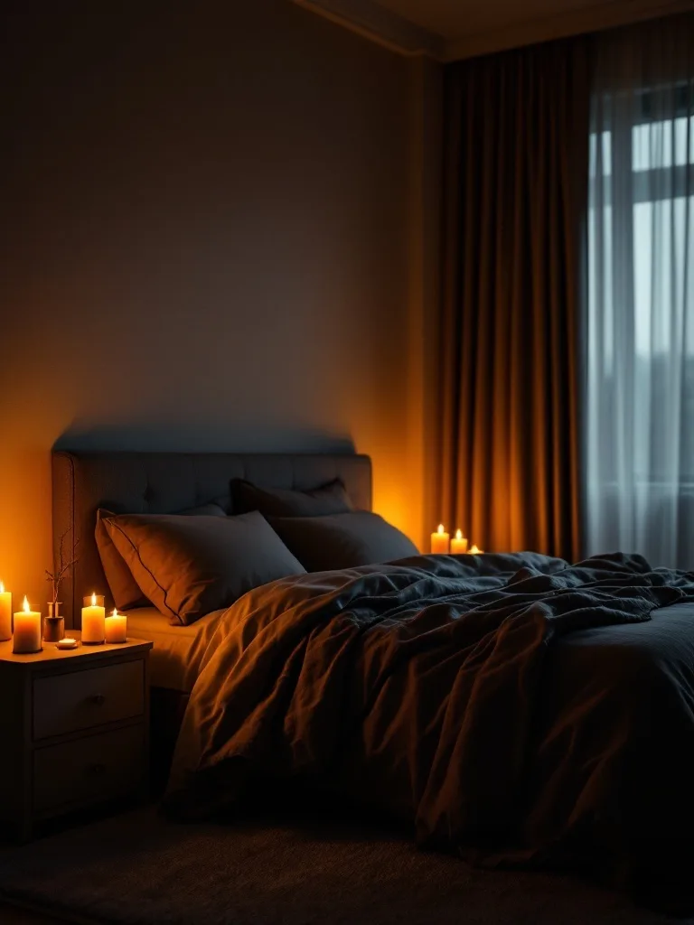 A dark bedroom featuring candles and warm lighting with a cozy bed and curtains