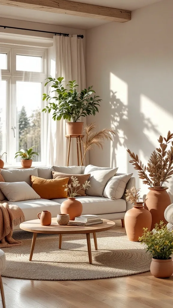 A cozy living room featuring terracotta and clay accessories, with plants and earthy decor elements.