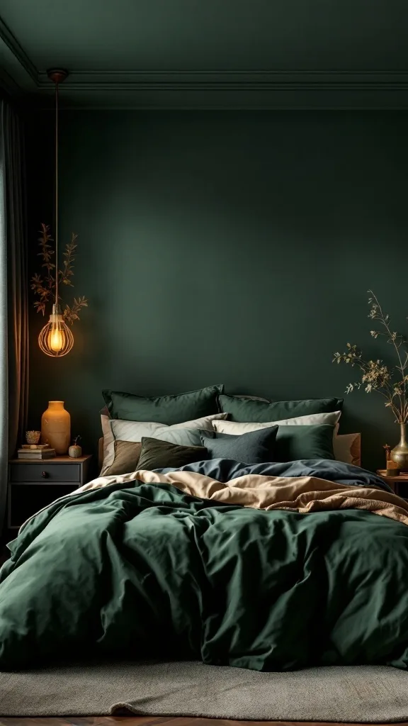 Stylish dark green bedroom with green bedding and cushions, showcasing various shades and textures.