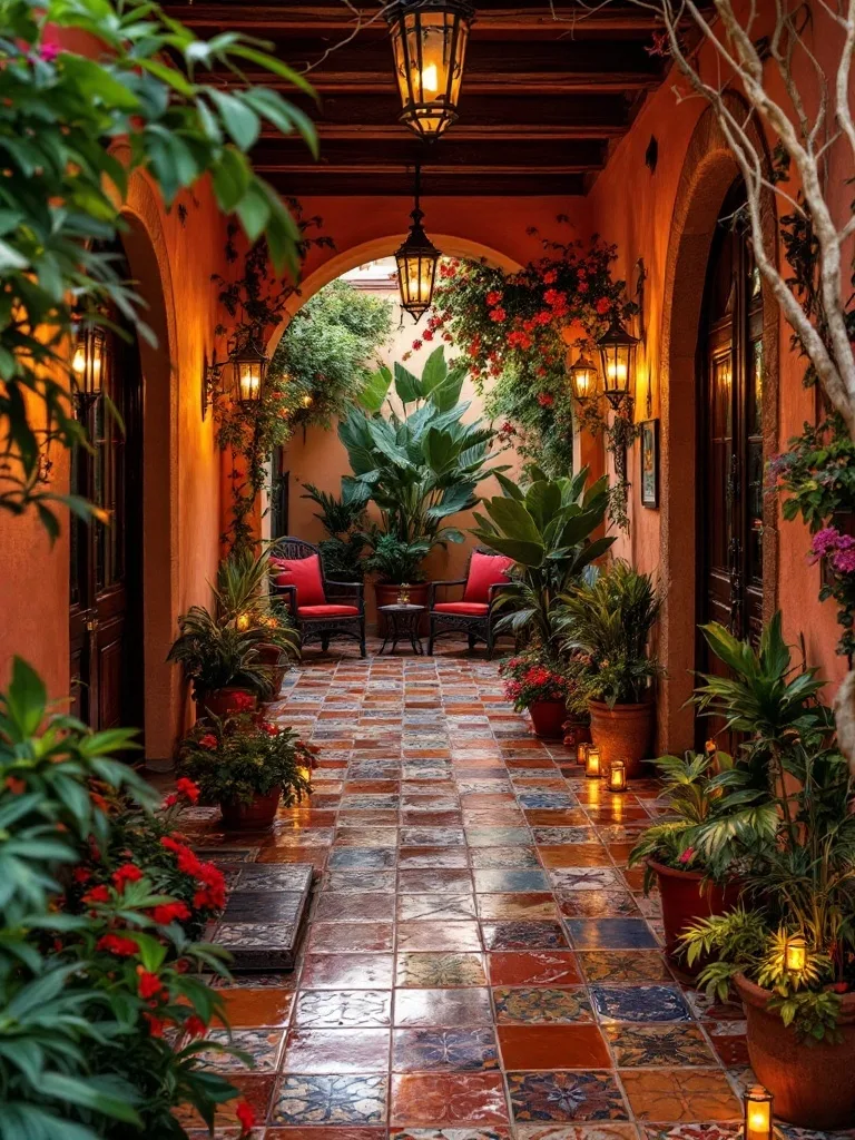 A beautiful Mexican patio featuring iron lanterns, lush plants, and colorful tiled flooring.