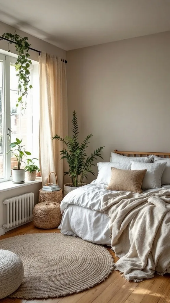 A cozy teen girl bedroom featuring natural textures, including a soft bed, round rug, and potted plants.