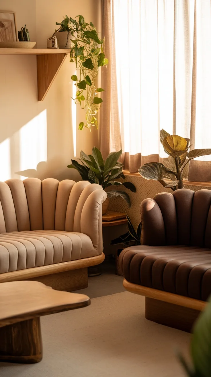 A cozy living room featuring two couches in organic tones, with plants and warm sunlight filtering through curtains.