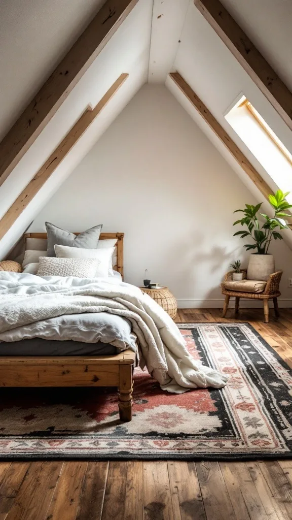 Cozy attic bedroom featuring a wooden bed, a layered rug, and natural light.