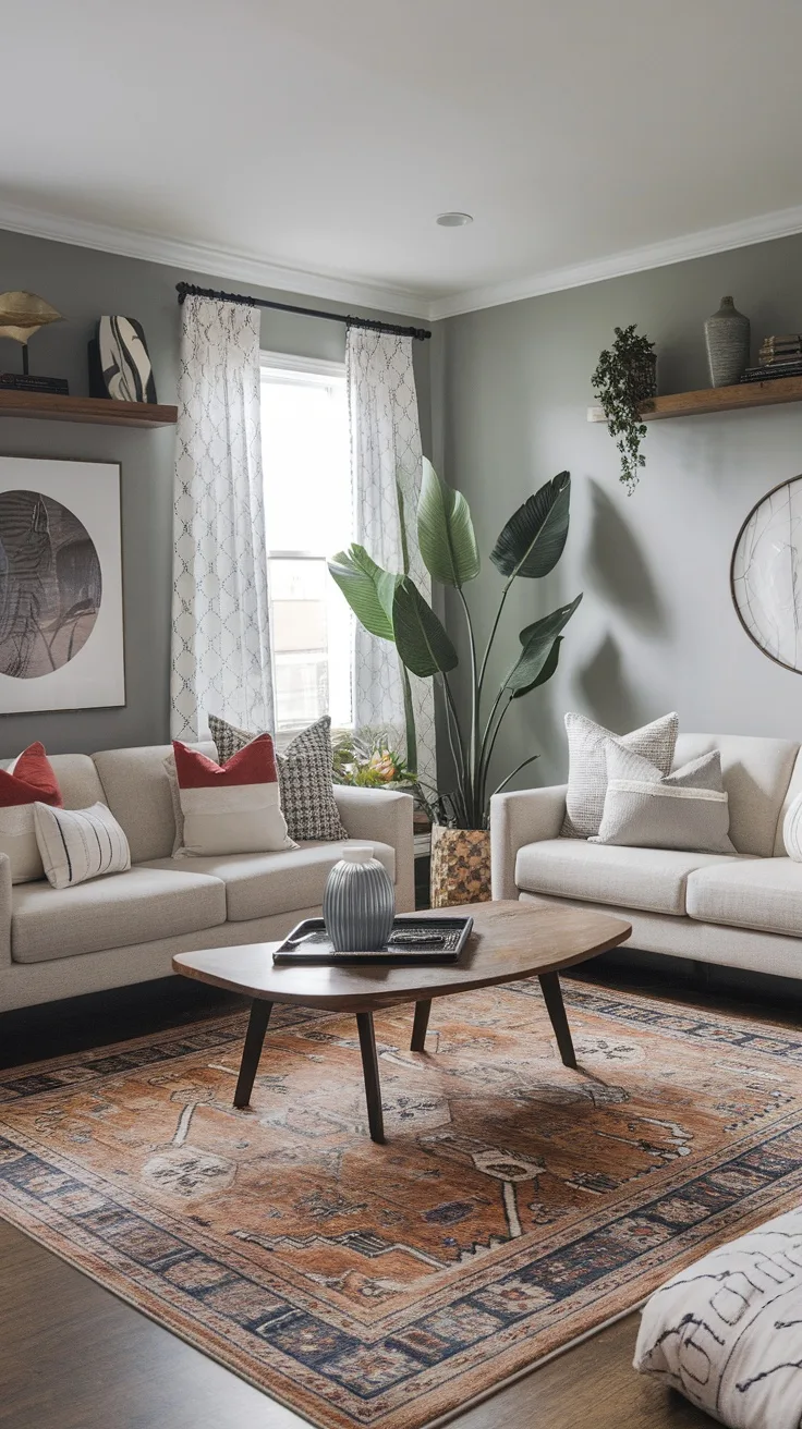 A cozy living room with two couches around a decorative rug, showcasing a modern and inviting feel.