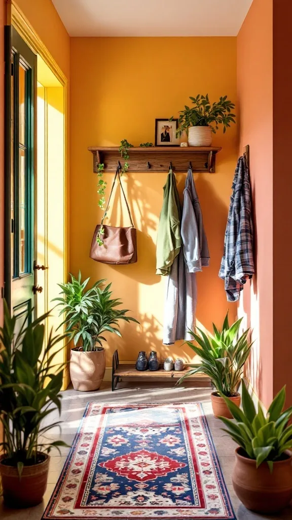 A bright and warm entryway with orange walls, a wooden shelf, plants, and a colorful rug.