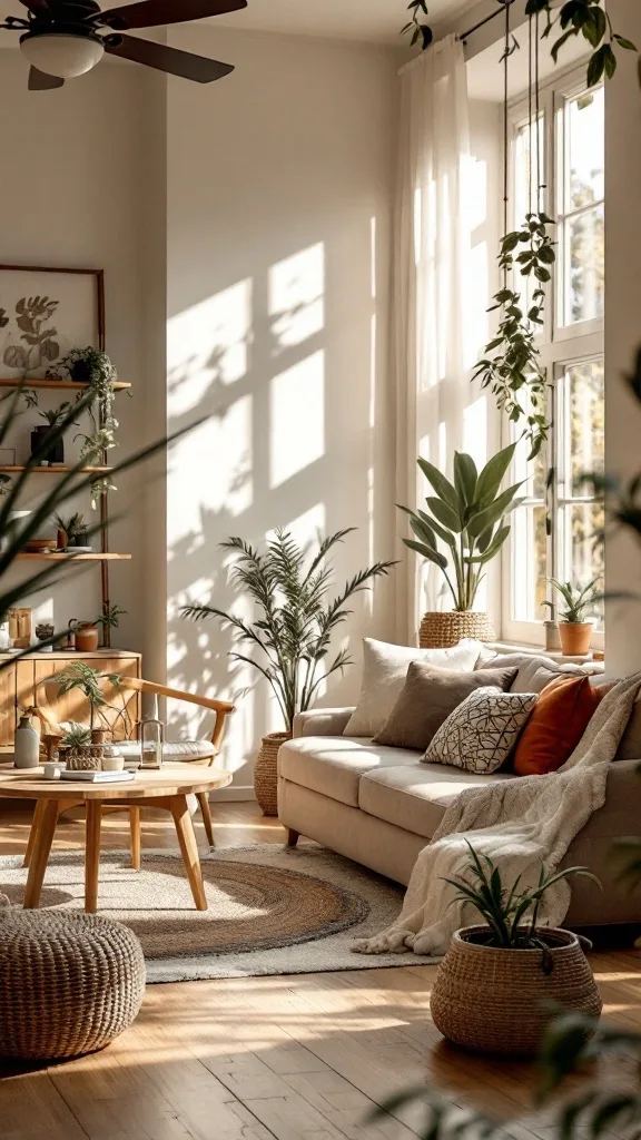 A cozy living room featuring warm wood tones, plants, and soft textiles