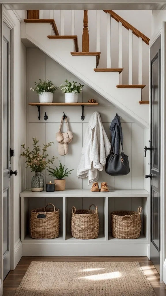 A charming entryway under the stairs featuring shelving, hooks, and storage baskets.